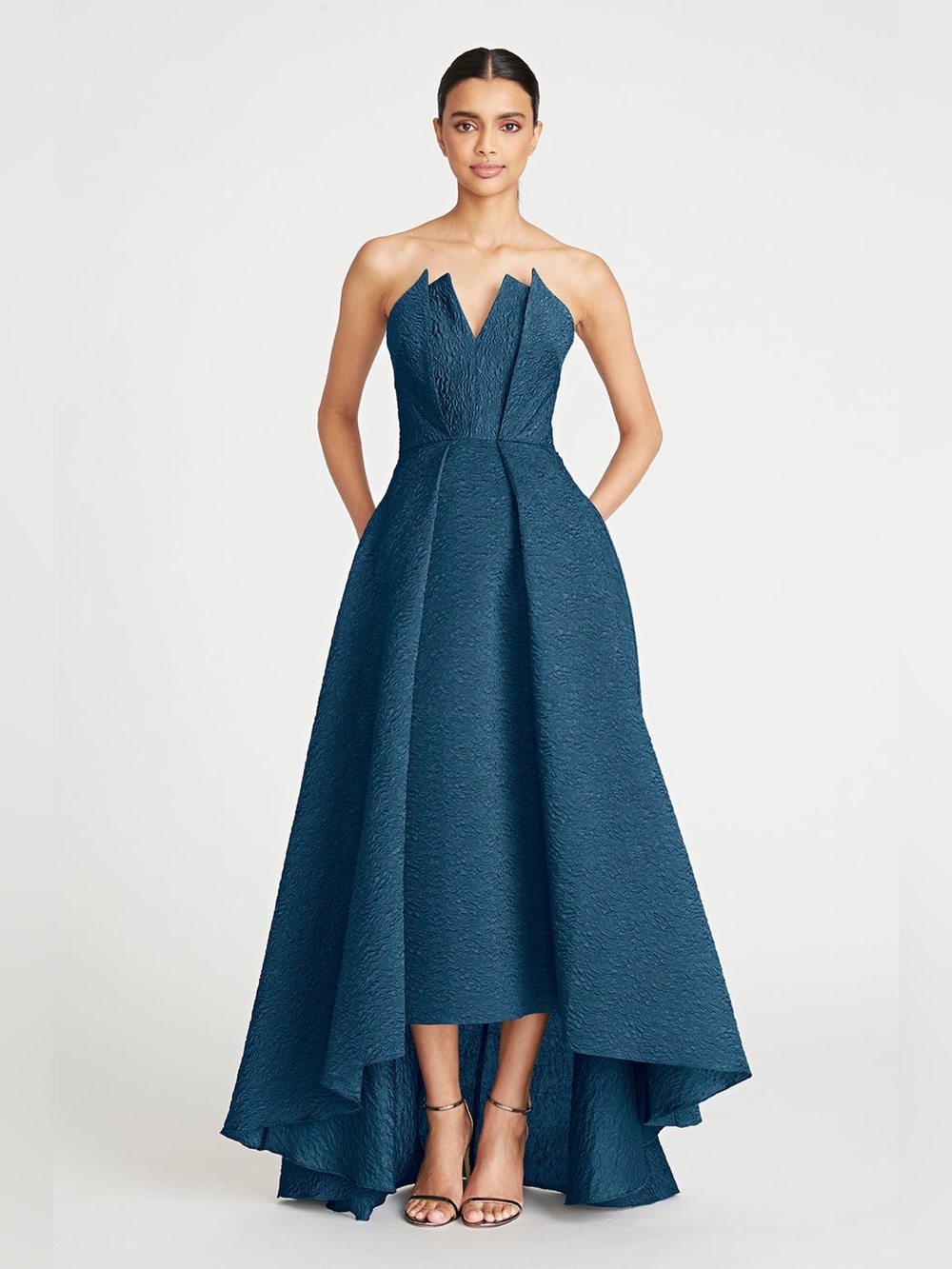 Theia Imogen Strapless High-Low Textured Evening Gown in Teal